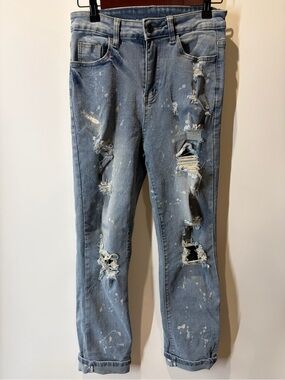 High-Rise Distressed Paint Splashed Light Blue Women's Jeans